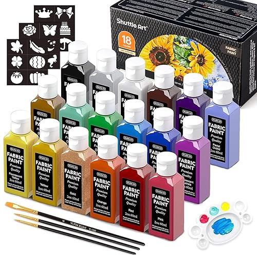 Shuttle Art Fabric Paint, 18 Colors Permanent Soft Fabric Paint in Bottles (60ml/2oz) with Brushes, Palette, Stencils, Non-Toxic Textile Paint for T-Shirts, Shoes, Jeans, Bags, DIY Projects&Art - 18 Colors