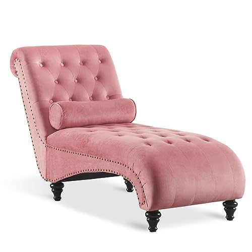 Paddie Velvet Button-Tufted Chaise Lounge Chair Leisure Sofa Couch w/Bolster Pillow, Nailhead Trim and Turned Legs for Indoor Living Room(Pink) - Pink2