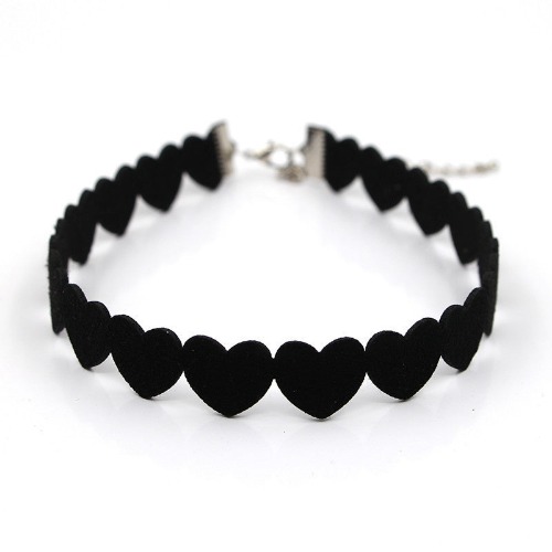 Heart Shaped Goth Black Velvet Choker Necklace - black