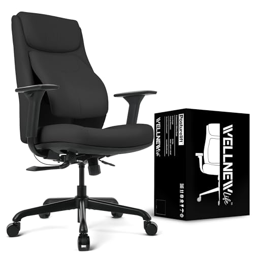 WELLNEW Posturelift Ergonomic Office Chair. Patented Lumbar Support for Posture and Lower Back Pain. Comfortable Vegan Leather, Home Computer Executive Desk Chairs Long Hours Sitting All Day (Black) - Black