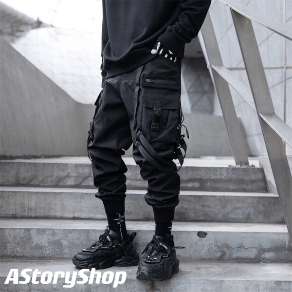 Men&#39;s Techwear Paratrooper Matte Black Joggers Streetwear Fashion Pants with Straps,Men&#39;s Techwear Pants, Cyberpunk Cargo Streetwear Pants