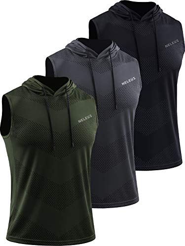 Neleus Men's Workout Tank Tops 3 Pack Sleeveless Running Shirts with Hoodie - Large - 5098# Black/Grey/Olive Green,3 Pack