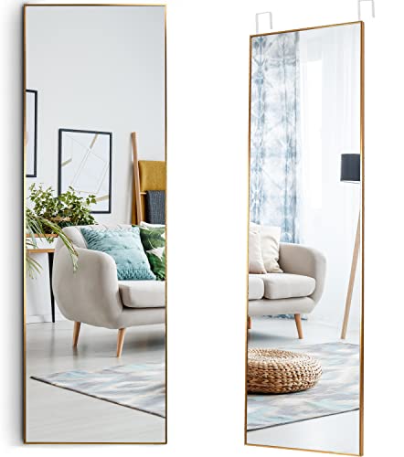 Mirrotek - Full Length Adjustable Over The Door Mirror Gold Aluminum Finish - Hanging Mirror Full Length - Instant Install Long Full Body Mirror for Bedroom, Dorm Room - Gold