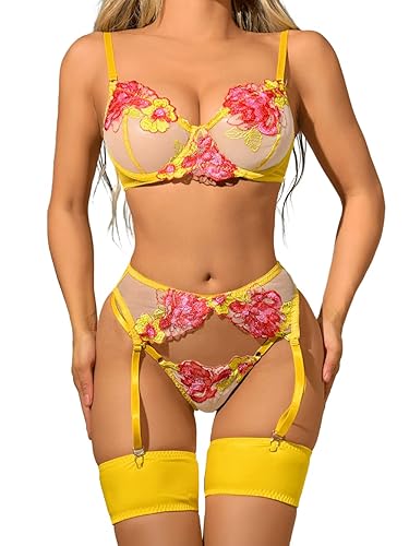 Kaei&Shi Floral Embroidered, Underwire, G-String, Garter Belt, 4 Pieces Lingerie - 0-2 - Yellow