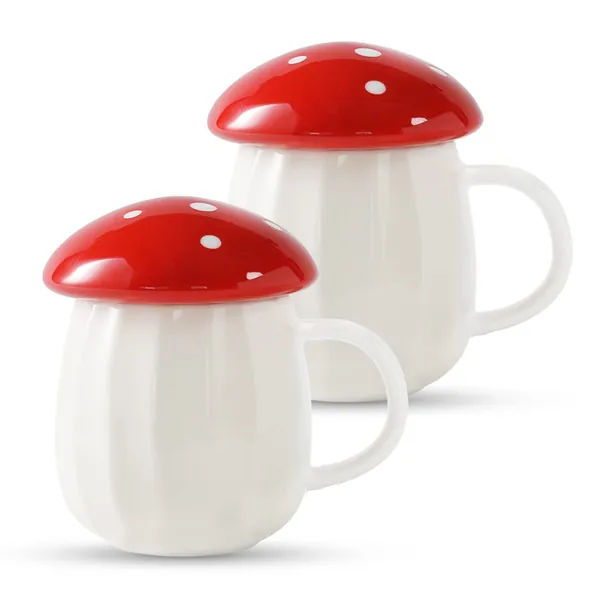 LOCVIH Mushroom Mug with Lid, Set of 2 Cute Coffee Cup Tea Cup Kawaii Ceramics Coffee Mug with Handle for Home Office, Gift for Women and Men, 9 oz (Red)