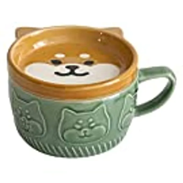 Oidnvay Japanese Cute Mug Ceramic Shiba Inu Panda Coffee Cup with Lid Home Couple Milk Breakfast Cup Water Cup(Green) (Green)