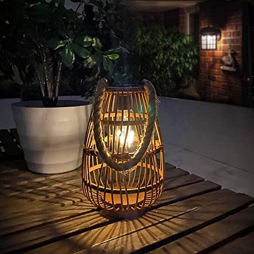 pearlstar Outdoor Solar Lanterns Light Rattan Natural Lantern with Handle for Hanging or Table Lamp for Patio Yard Garden Wedding Home Decoration, Edison Bulb, Auto on/Off(Style 1) - style 1