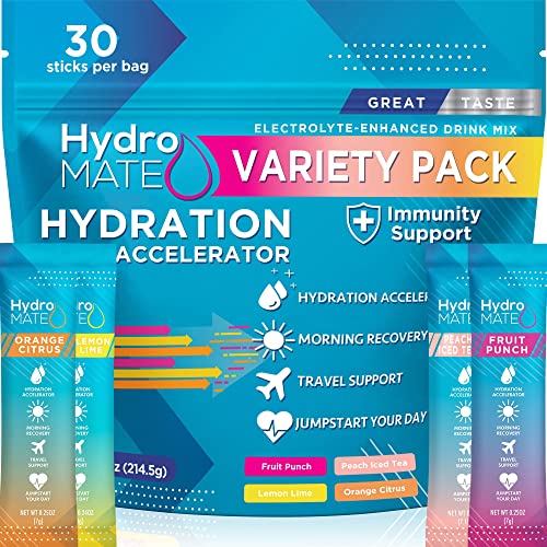 HydroMATE Electrolytes Powder Drink Mix Packets Hydration Accelerator Low Sugar Rapid Party Recovery Plus Vitamin C Variety Pack 30 Count - 30 Count (Pack of 1)