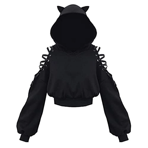 DAYINGJIA Cute Cat Ear Hoodie for Women Plus Size Gothic Tops Long Sleeve Sweatshirt Teen Girls Bandage Shoulders Pullover