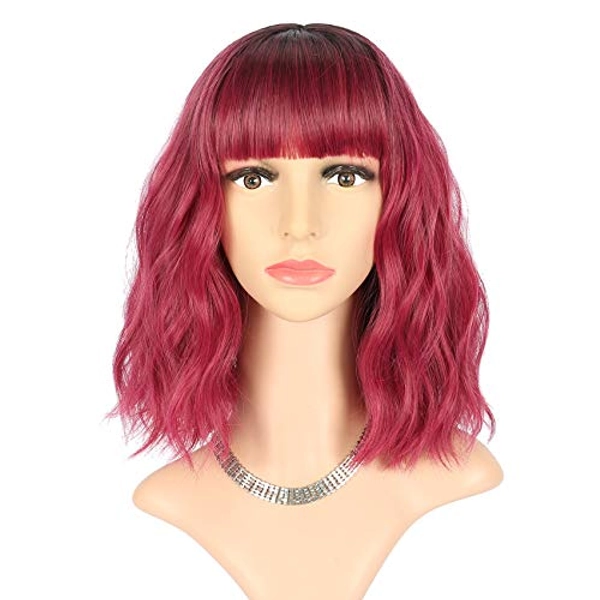 FAELBATY Short Wave Bob pink Wig With Bangs Synthetic Ombre Pink Cosplay Wig for women Halloween Wig Costume Wigs (12" Ombre Dark Red Color)