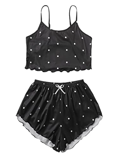 SOLY HUX Women's Cartoon Print Lettuce Trim Cami Top and Shorts Cute Pajama Set Sleepwear