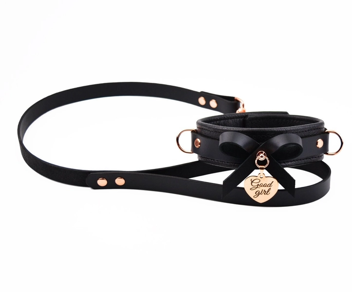 Premium BDSM Black Leather Bow Collar & Leash With Custom Engraved Rose Gold Pendant | Handcrafted Submissive Bondage Collar - Col49BlkRgPnd