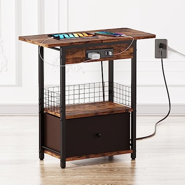 End Table with Charging Station, 25.5” Side Table with USB Ports and Outlets, Nightstand with Storage Drawer, Bedside Table with Open Shelf for Bedroom, Study, Home (Brown)