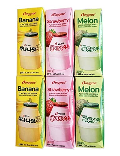 Binggrae Variety Banana, Strawberry, Melon Flavored Milk Drink 6 Packs - Variety - 6.8 Fl Oz (Pack of 6)
