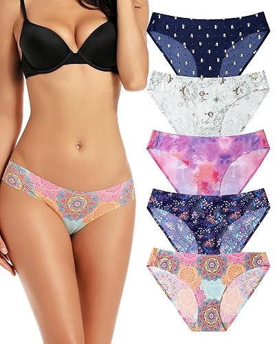 voenxe Women Bikini Underwear,Seamless Breathable Ladies Panties,No Show Comfortable Briefs Undies for Women,Hipster,5-Pack - Medium - B-5 Pack Pattern Design