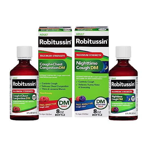 Robitussin DM Max Cough Plus Chest Congestion and Robitussin Maximum Strength Nighttime Cough DM, Adult Formulas - 2 x 8 Fl Oz Bottles