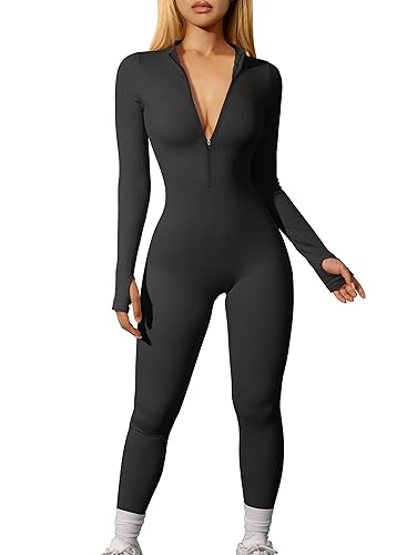 OQQ Women Yoga Jumpsuits Workout Ribbed Long Sleeve Zip Front Sport Jumpsuits - Medium - Black