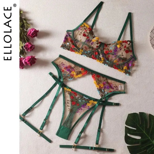 Lingerie Sensual Lace Underwear Transparent Embroidery 3-Piece Garters Fancy Beautiful Short Skin Care Kits Intimate - Hunter Green / M