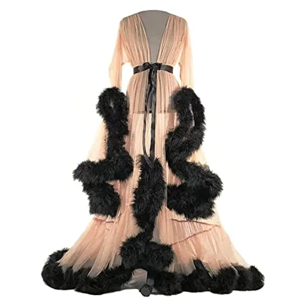 MIAOXIAO Damen Kimono Transparent Spitze Morgenmantel Feder Robe Perspektive Chiffon Dessous Maxi Kleid Nachtwäsche V Ausschnitt Durchsichtig Sexy Feder Robe,6,M