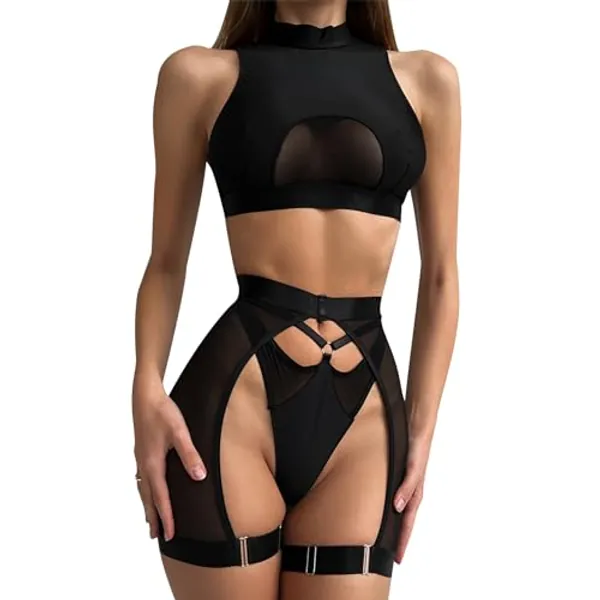 YOMORIO Dessous Damen Sexy, Strapsen Dessouse Sexy Set 3-TLG Lingerie Reizwäsche für Frau Bodysuit Unterwäsche Rückenfreies Babydoll Outfit Nachtwäsche Gürtel Sexy Negligee mit Unterhose Strumpfband