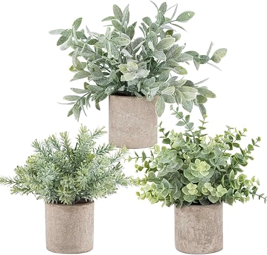 Der Rose 3 Pack Mini Potted Fake Plants Artificial Plastic Eucalyptus Plants Topiaries for Home Office Desk Farmhouse Room Decor - Grey