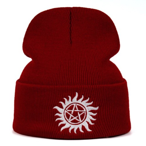 'Saint' Black/Red Pentagram Flame Beanie Hat - Red