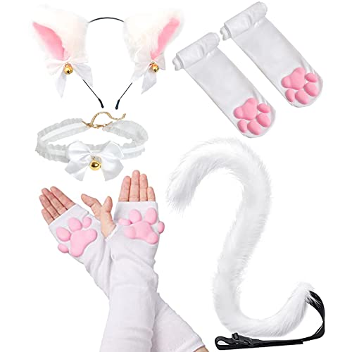 Cute Cat Paw Mittens Gloves, Kawaii Cat Cosplay Kawaii Soft 3D Toes Beans Fingerless Cat Claw Paws Pad Sleeve - 5 Pcs White