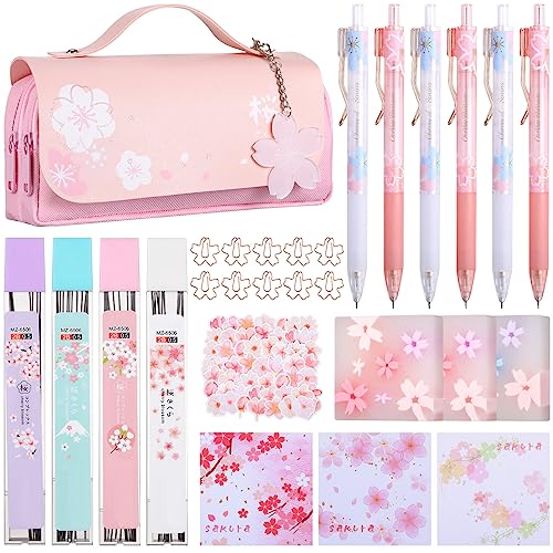 74 Pcs Kawaii Cherry Blossom Stationery Set Japanese Kawaii Pencil Bag Mechanical Pencil Cherry Erasers Pencil Refill and Stickers for School Office Party Favors