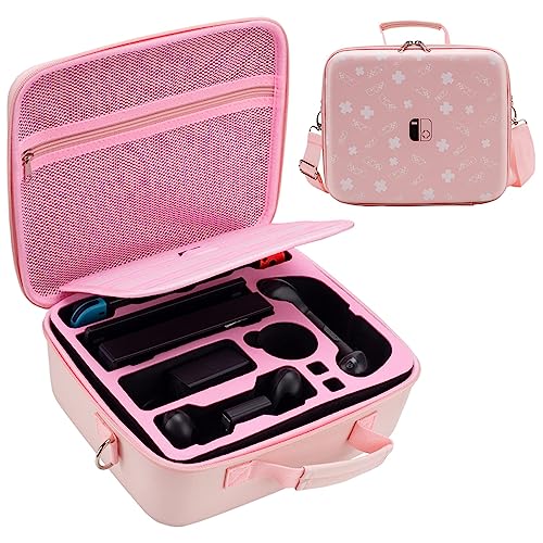Portable Hard Shell Nintendo Switch Case Compatible with Nintendo Switch/Switch OLED Model, Deluxe Travel Storage Protective Carrying Case Bag for Switch Console Pro Controller Accessories-Pink - Pink