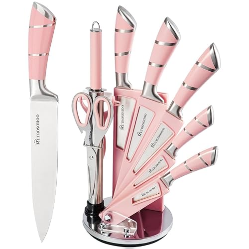 Kitchen Knife Set, Retrosohoo 9-Pieces Pink Sharp Non-Stick Coated Chef Knives Block Set,Stainless Steel Knife Set for Kitchen with Sharpener for Cutting Slicing Dicing Chopping (Pink) - Pink