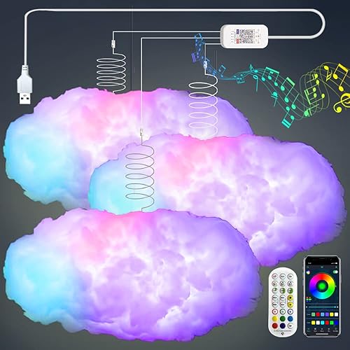 ZOKON 3PCS 3D Big Cloud Lightning Light Kit Music Sync Multicolor Lightning Changing Strip Lights 360 Degree Wireless Remote APP NO DIY Coolest Decorations for Adults and Kids Indoor Home Bedroom - 3