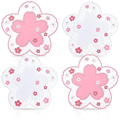 Cherry Blossom Cup Coasters 4 PCS Silicone Coasters Pink Sakura Coaster Kawaii Cup Cute Coasters for Desk Drink Table Decor Coffee Room Mat Durable Anti Slip for Placemat Kitchen Accessories Set of 4
