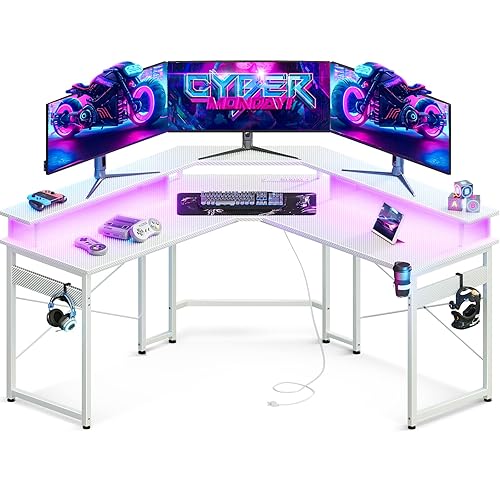 ODK L Shaped Gaming Desk with LED Lights & Power Outlets, 51" Computer Desk with Full Monitor Stand, Corner Desk with Cup Holder, Gaming Table with Hooks, White Carbon Fiber - White Carbon Fiber - 51 Inch