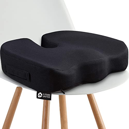 5 STARS UNITED Seat Cushion for Office Chair - 100% Memory Foam Pillow - Firm Coccyx Pad - Tailbone, Sciatica, Lower Back Pain Relief - Premium Home Office Furniture Cushions - Black - Seat Cushion