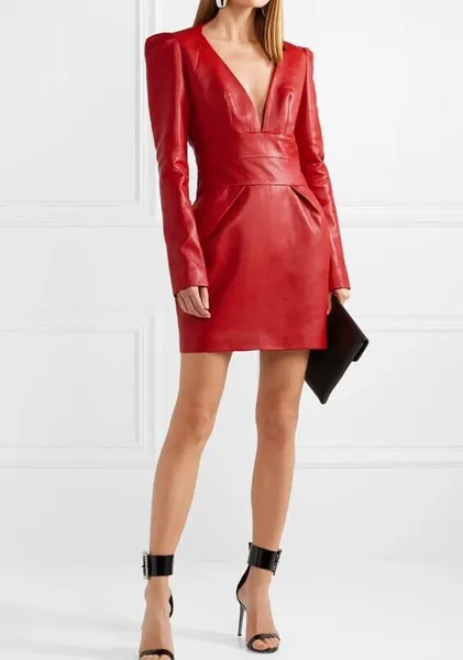 Customized Women's Lambskin   leather dress . Leather Celebrity Dress , Leather Outfit, Genuine Leather dress , measure to made