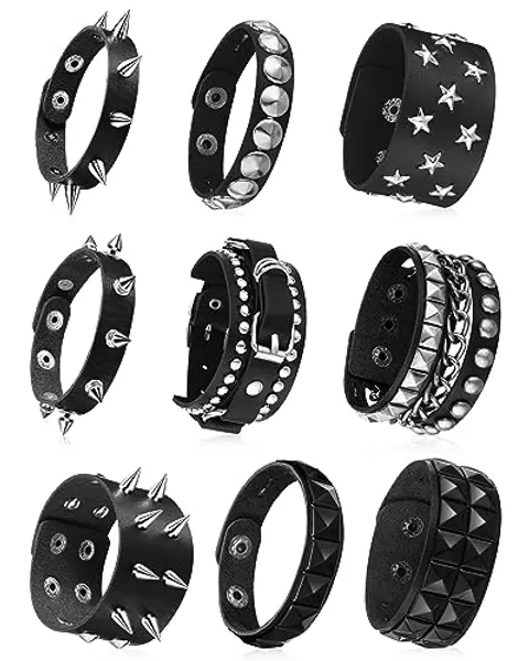 Hicarer 9 Pieces Spiked Studded Bracelet Black Leather Rivet Punk Bracelet Cuff Wrap Bangle Snap Button Metal Wristband for Men Women