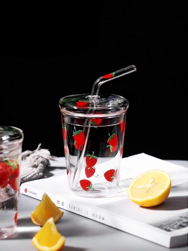 Strawberry Patterned Cup with Straw - Strawberry Tall (350ml)
