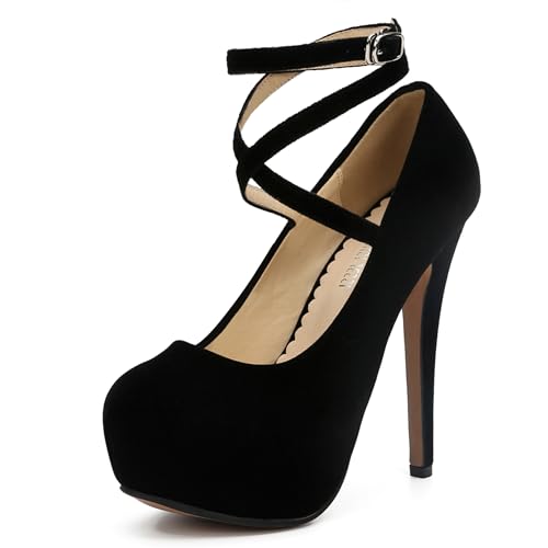 Women's Ankle Cross Strap Pumps Platform Stiletto Dress High Heel Black Lining Glitter Silver - 7.5 - Black Velvet-14cm