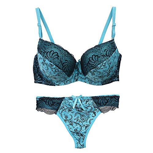 Swbreety Women's Comfortable Push Up Embroidery Lace Bra and Panty Set Plus Size - 34C - Blue