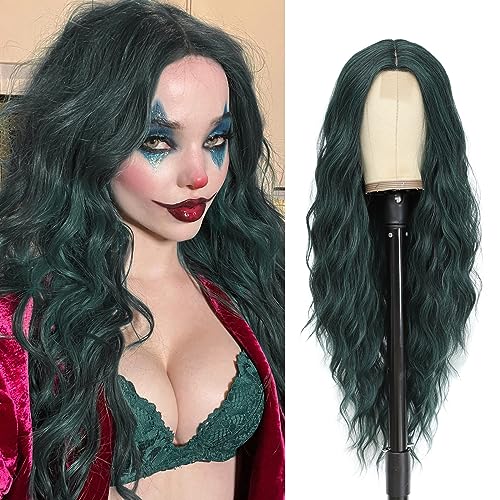 Dark Green wig Halloween Wigs Long Cosplay Green Wig 28 Inch Middle Part Synthetic Wig Realistic Halloween Gifts Party Wigs for Women Daily Use Colorful Wigs (28 Inch, Green) - 28 Inch - Green