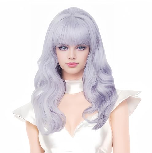 Rugelyss Vintage Long Wavy White Silver Gray Wig with Bang Retro Bouffant Beehive Wigs for Women Grey Synthetic Hair Wig fits 60s 70s 80s Costume or Halloween Party - silver