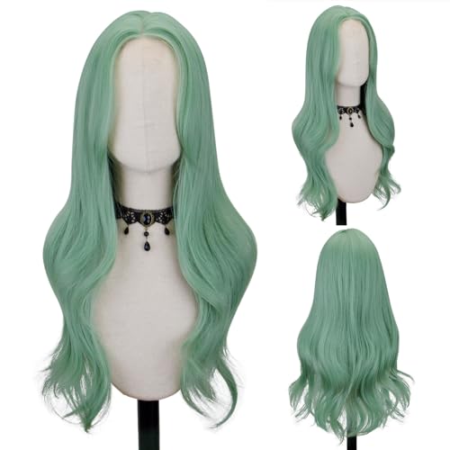 FREE BEAUTY Long Mint Green Wavy Wig for Women 26 Inch Middle Part Curly Wavy Wig Natural Looking Synthetic Heat Resistant Fiber Wig for Daily Party Use - Green