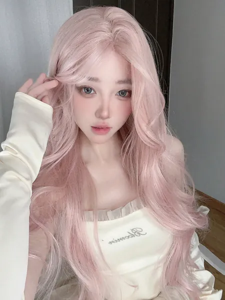 Front Lace Long Natural Curly Wig,Center Split Wig, One Line Lace 4*2 Light Pink 30 Inch Semi Woven Daily Natural, Smooth And Realistic Wig