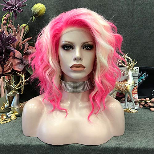 IMSTYLE Pink Blonde Lace Front Wigs Short Bob Wavy Wigs Synthetic Hair Wig Free Part with Natural Hairline Shoulder Length for Women (Blonde Pink) - Blonde Pink