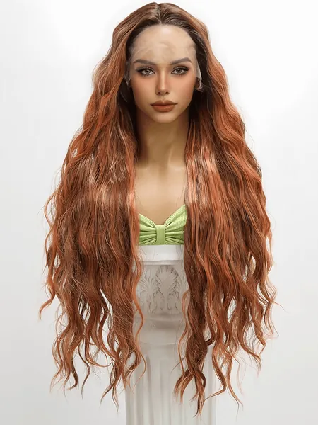 30 Inch T-Shaped Lace Dirty Orange Gradient Wavy Curly Hair, Naturally Split Synthetic Fiber Women's Wig
