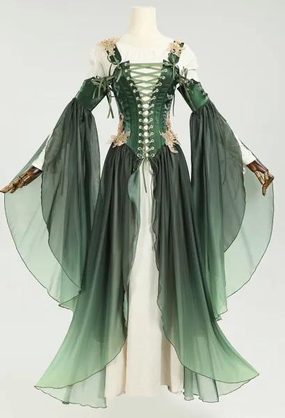 Medieval Renaissance Costume Elf Style Green Dress with Sleeves Cosplay Costume