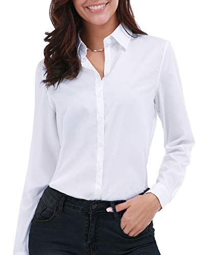 Gemolly Women's Basic Button Down Shirts Long Sleeve Plus Size Simple Stretch Formal Casual Shirt Blouse - Medium - White