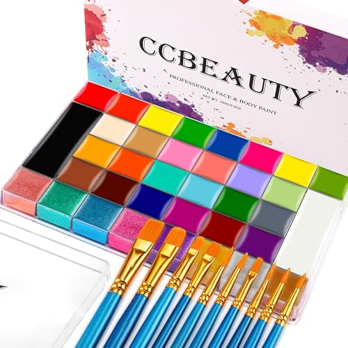 CCbeauty Professional 36 Colors Face Body Paint Kit, Largest Oil Based Hypoallergenic Neon Face Painting Palette Set with 10 Brushes for Halloween SFX Special Effects Cosplay Costume Makeup - 01# 36 Colors + Brushes