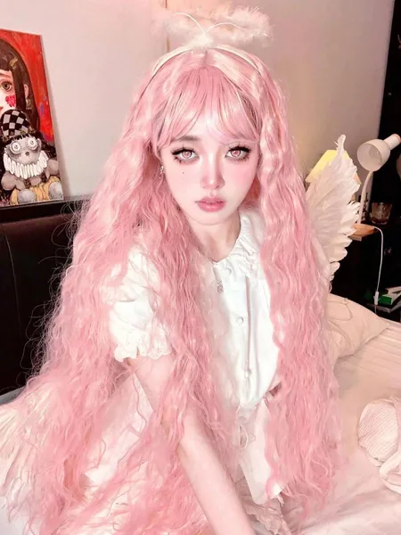 Pink Long Wave Wig With Bangs Long Curly Wavy Pink Synthetic Wigs For Women Natural Wavy Wig Heat Resistant Colorful Wigs Curly Wavy Hair For Girl Cosplay Party 40 Inch Wigs