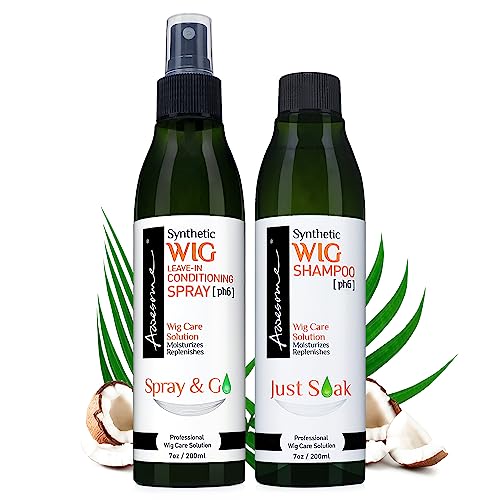 Awesome Synthetic Wig Shampoo and Leave in Conditioner Spray: pH6, Premium Set of 2, Revitalizes Synthetic Wigs, Contains Coconut Oil (7 fl oz) - Synthetic Wig Shampoo & Conditioner